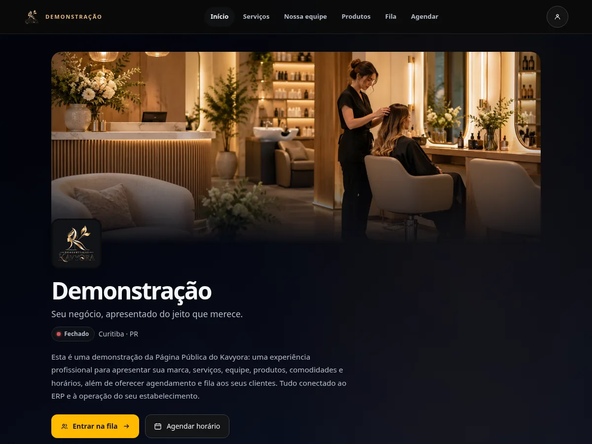 Captura da demonstração pública do Kavyora, com apresentação do estabelecimento e ações de agendamento e fila